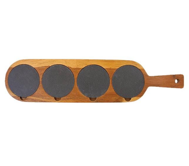 Acacia Wood Slate Flight Board with 4 Engraved Coasters, Custom Logo Tasting Set