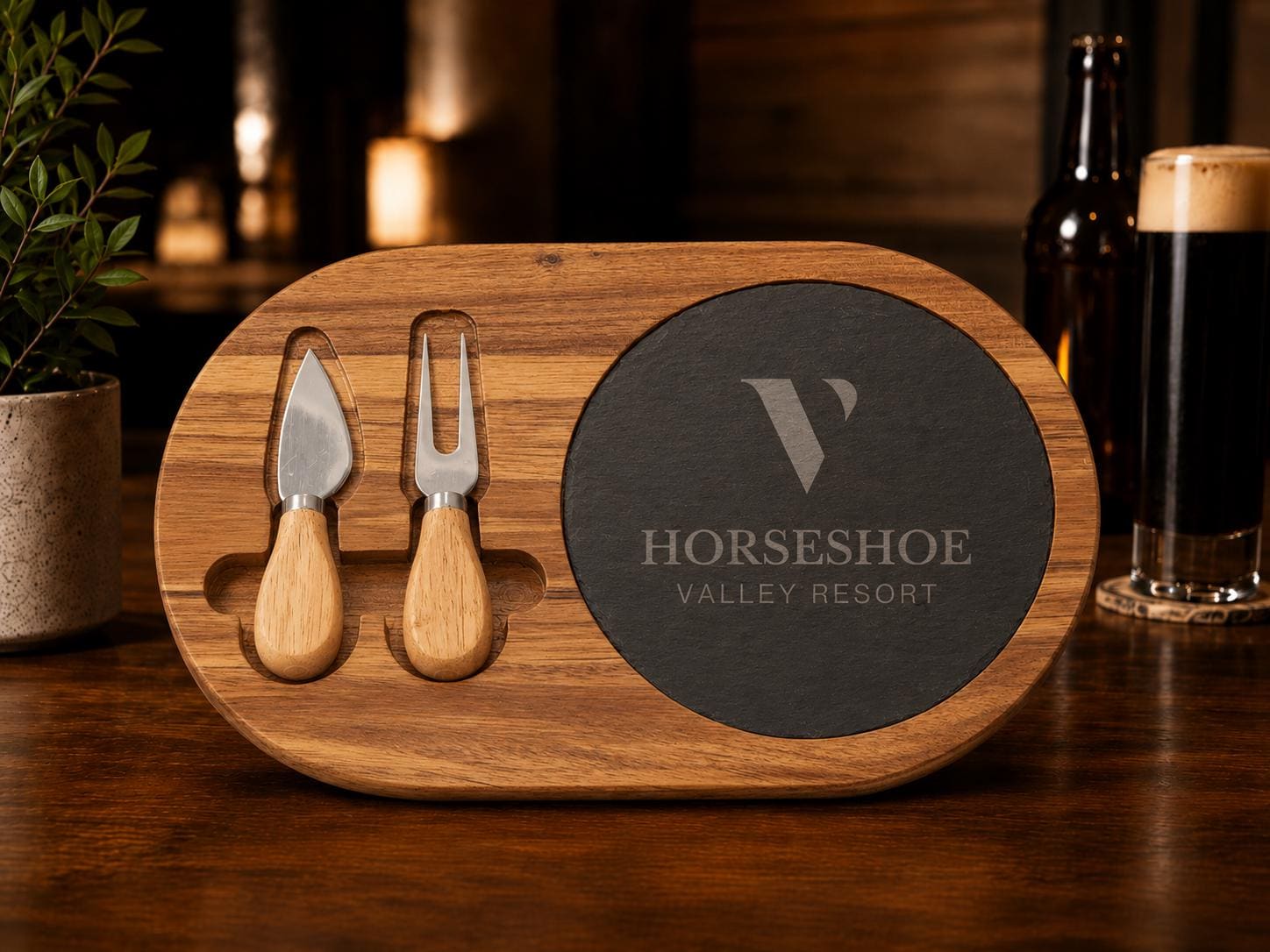 Personalized Acacia Wood Slate Oval Cheese Set with 2 Tools, Engraved Name or Logo