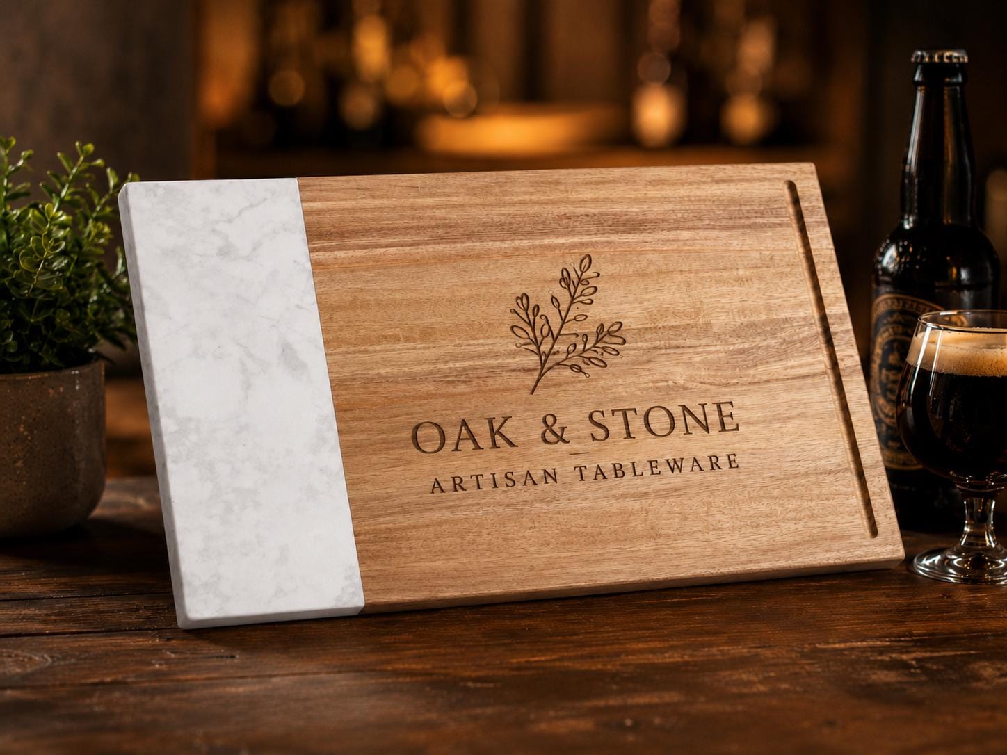 Engraved Family Name or Logo Gift, Personalized Marble & Wood Cutting Board