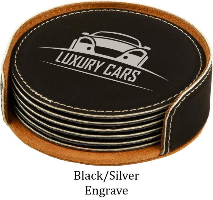 Custom Engraved Round 6 Piece Coaster Set - Promotional Logo for Small Business