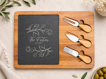 Personalized Acacia Wood & Slate Cheese Board Set with Knives, Engraved Name or Logo