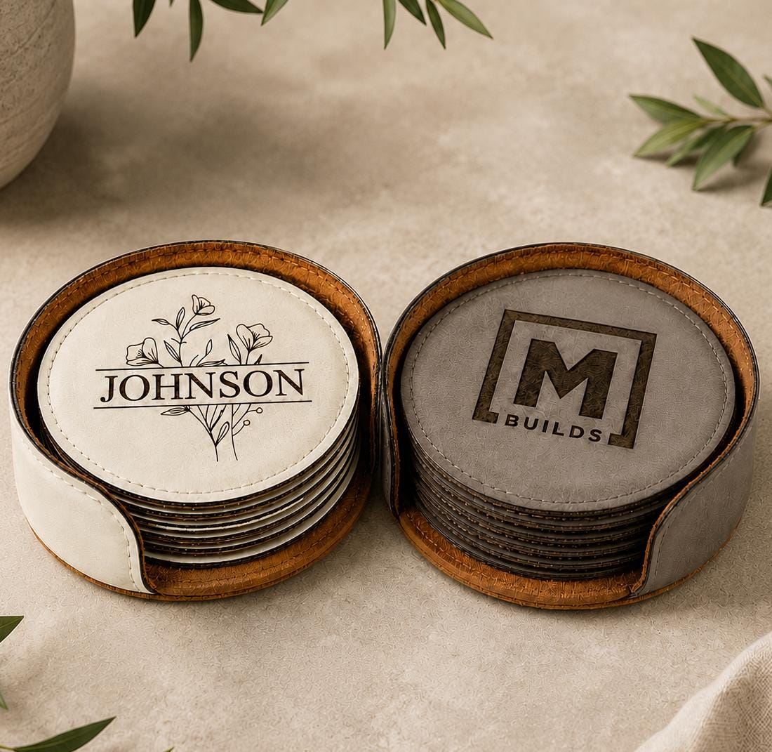 Custom Engraved Round 6 Piece Coaster Set - Promotional Logo for Small Business