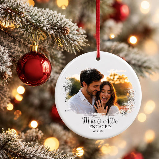 Personalized Engagement Photo Ornament, Custom Watercolor Ceramic Engaged Couple Christmas Keepsake with Date