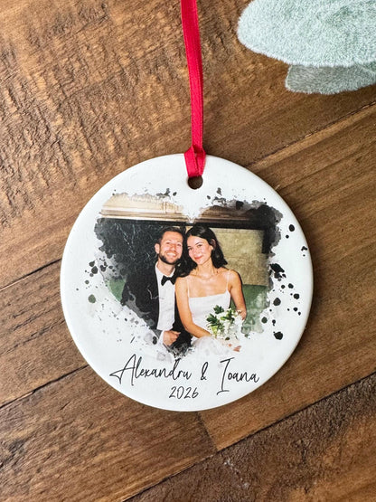 Personalized Newlywed Photo Ornament, Custom Ceramic First Married Christmas Keepsake, Wedding Couple Gift