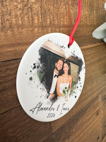 Personalized Newlywed Photo Ornament, Custom Ceramic First Married Christmas Keepsake, Wedding Couple Gift