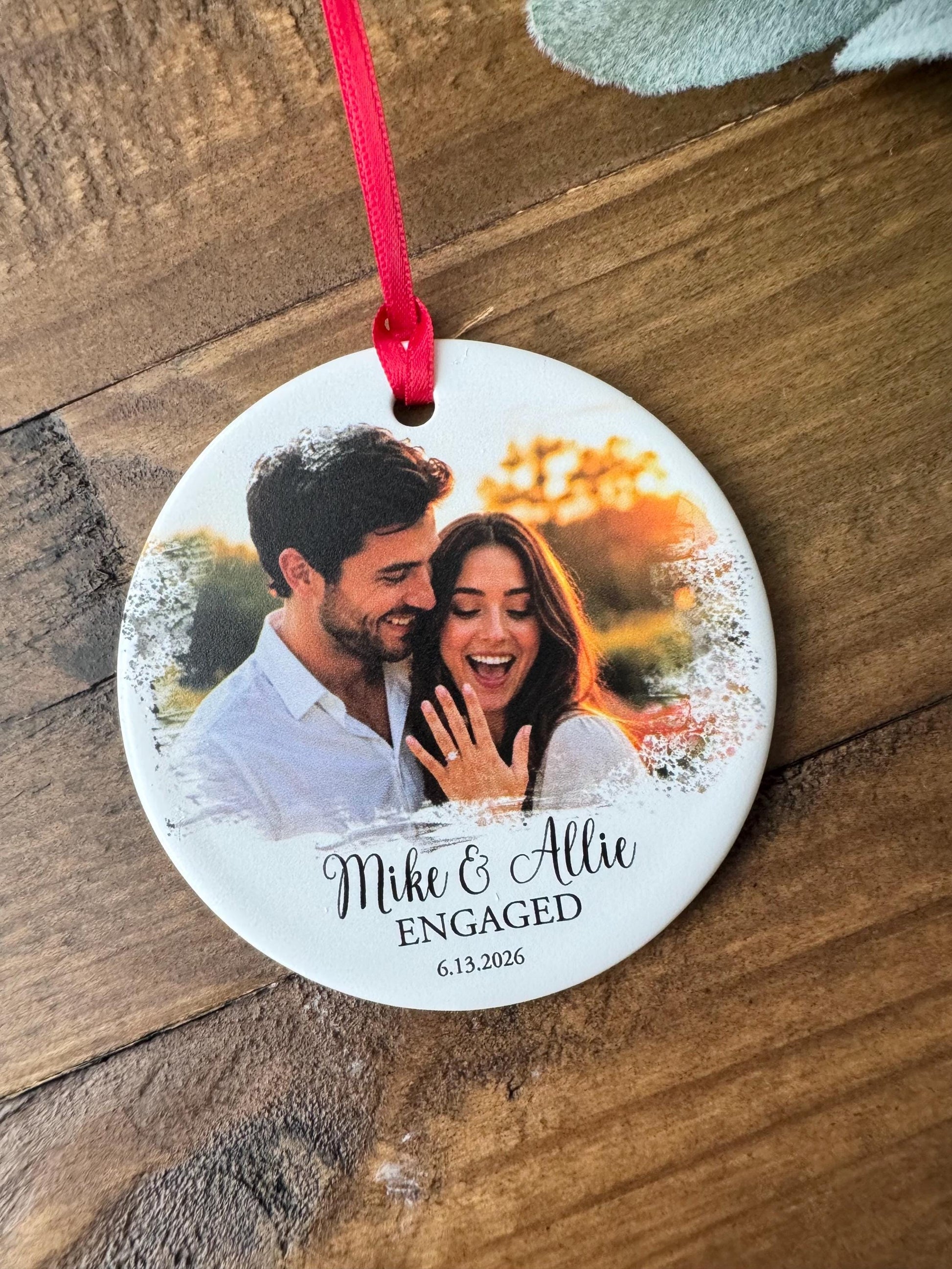 Personalized Engagement Photo Ornament, Custom Watercolor Ceramic Engaged Couple Christmas Keepsake with Date