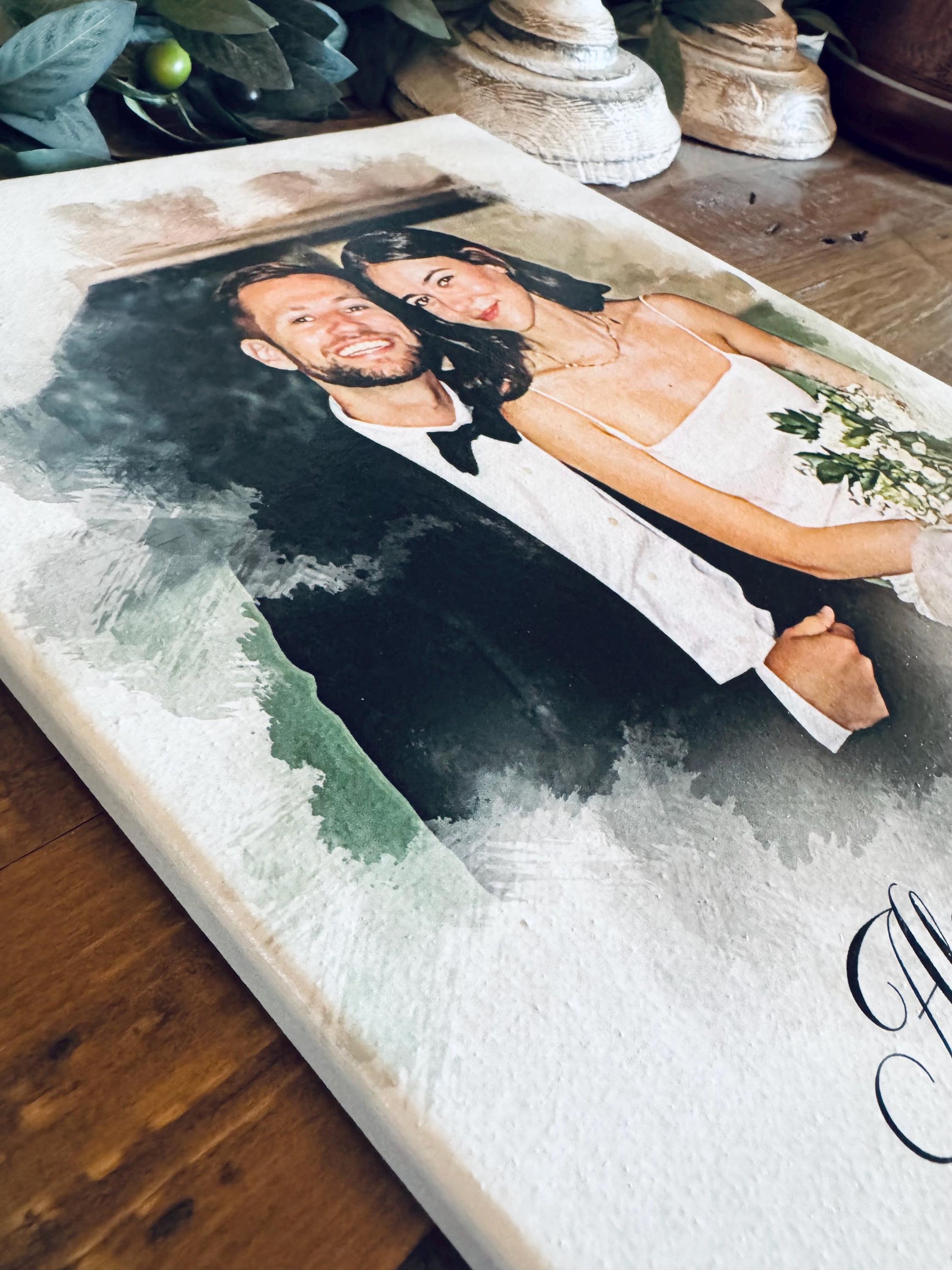 Personalized Watercolor Couple Portrait on Canvas with Wood Floater Frame, Custom Wedding Photo Art, Names and Date Keepsake