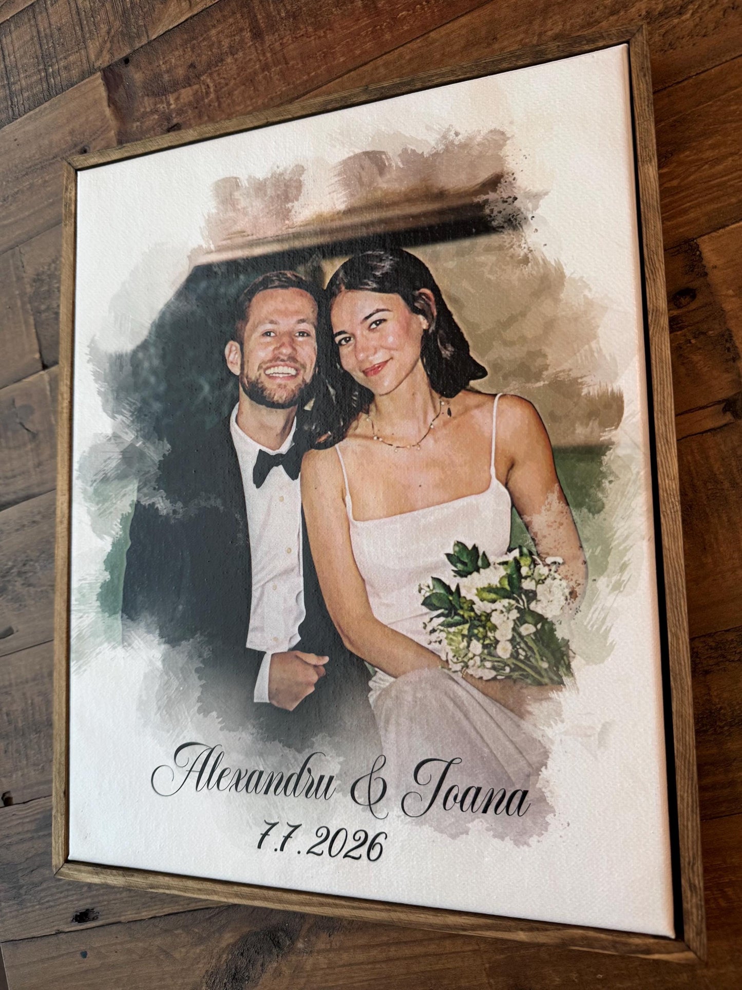 Personalized Watercolor Couple Portrait on Canvas with Wood Floater Frame, Custom Wedding Photo Art, Names and Date Keepsake