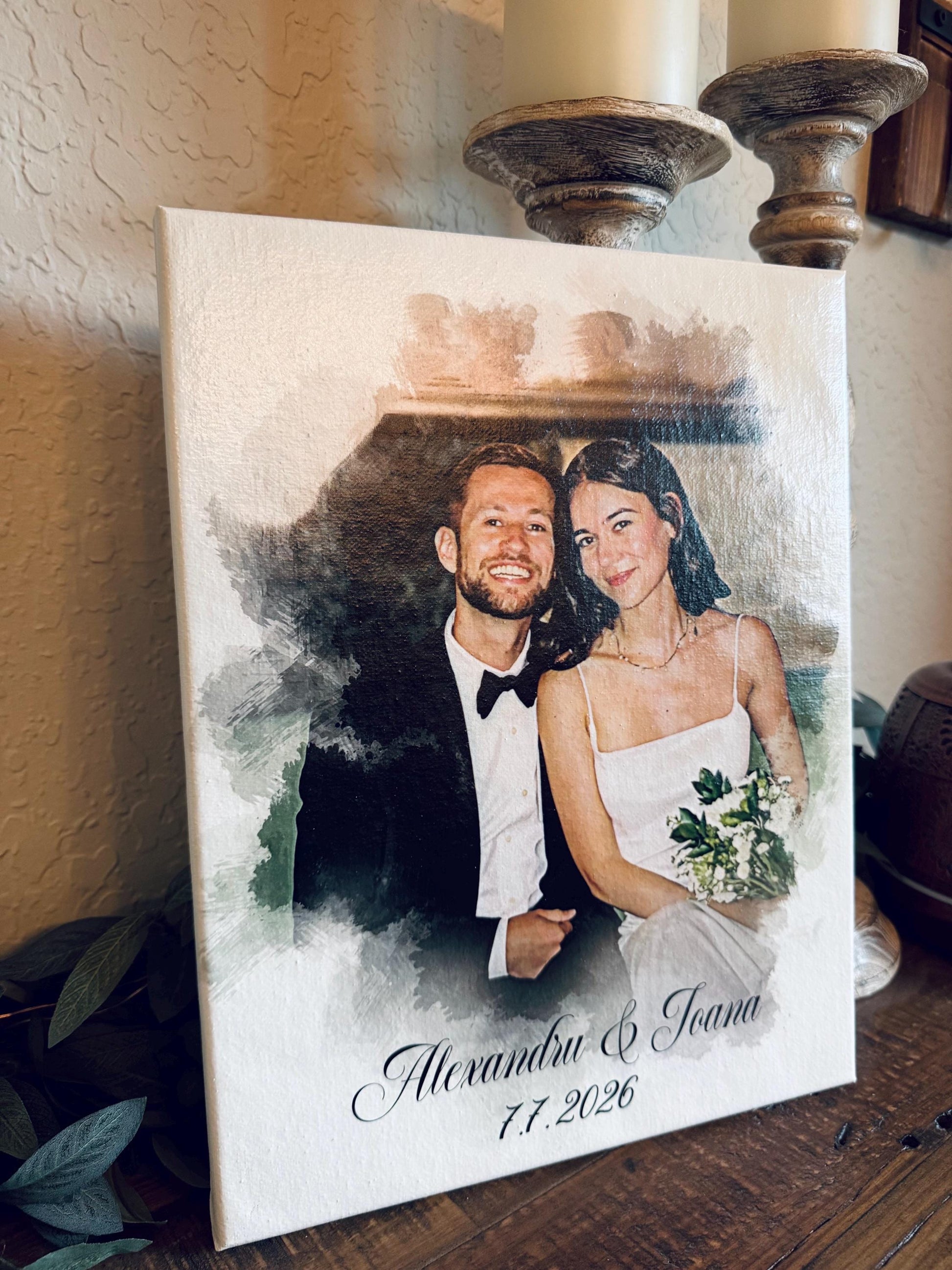 Personalized Watercolor Couple Portrait on Canvas with Wood Floater Frame, Custom Wedding Photo Art, Names and Date Keepsake