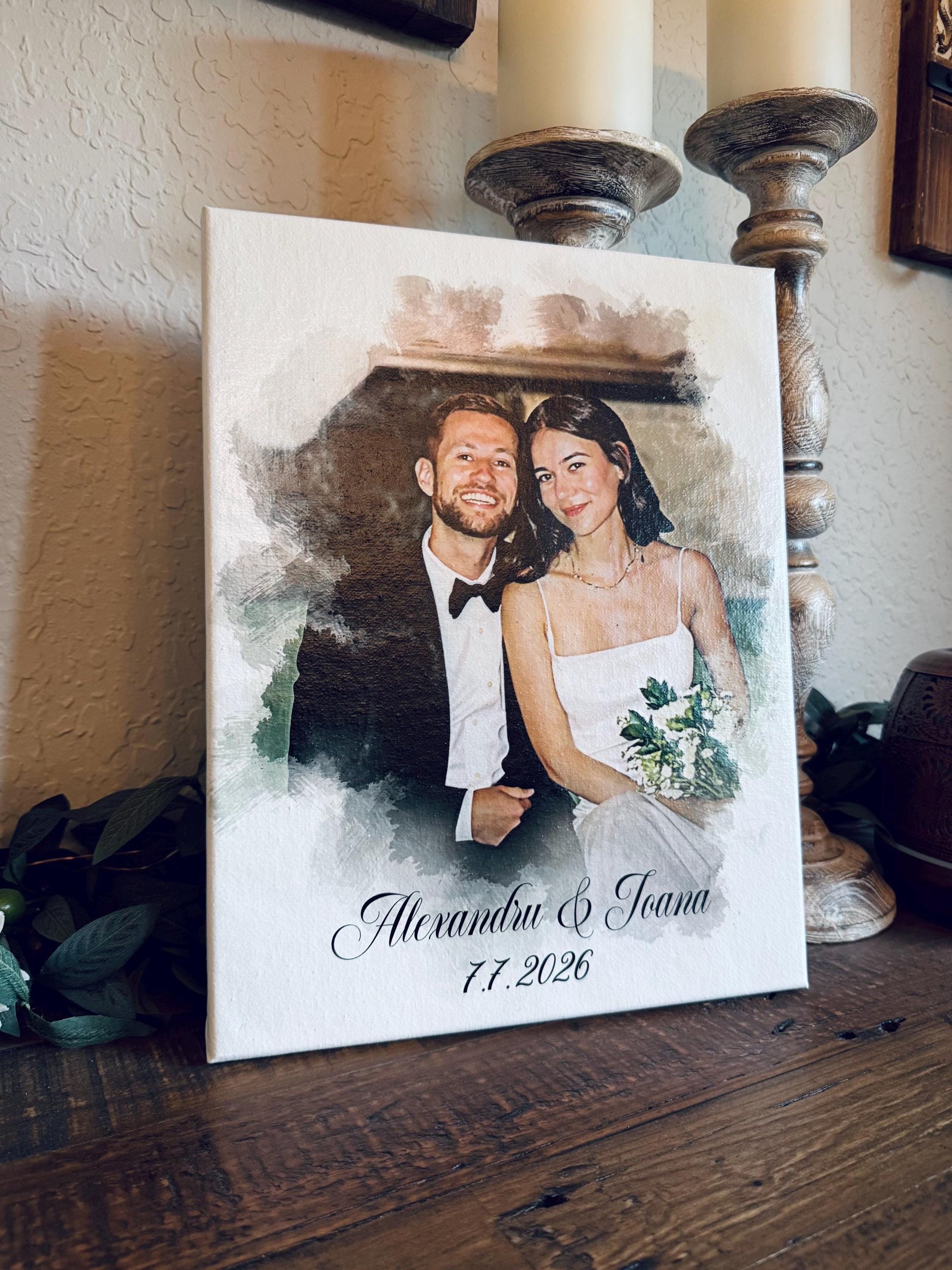 Personalized Watercolor Couple Portrait on Canvas with Wood Floater Frame, Custom Wedding Photo Art, Names and Date Keepsake
