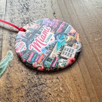 Miami Ornament, Florida Christmas Ornament, Colorful Miami Landmarks Souvenir, South Beach Travel Gift, Personalized City Keepsake