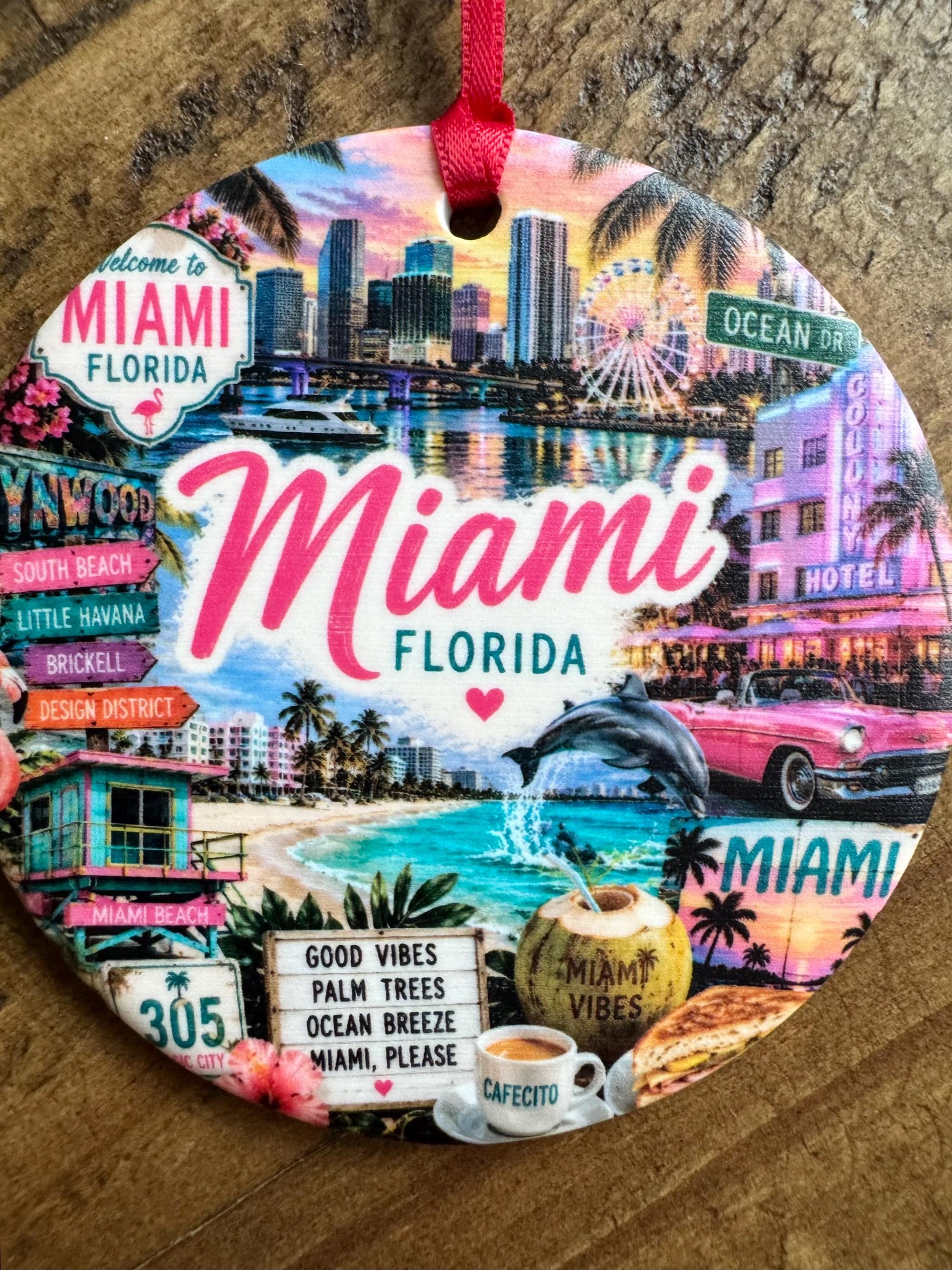 Miami Ornament, Florida Christmas Ornament, Colorful Miami Landmarks Souvenir, South Beach Travel Gift, Personalized City Keepsake