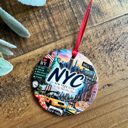 NYC Ornament, New York City Christmas Ornament, Colorful NYC Landmarks Souvenir, Personalized Travel Keepsake