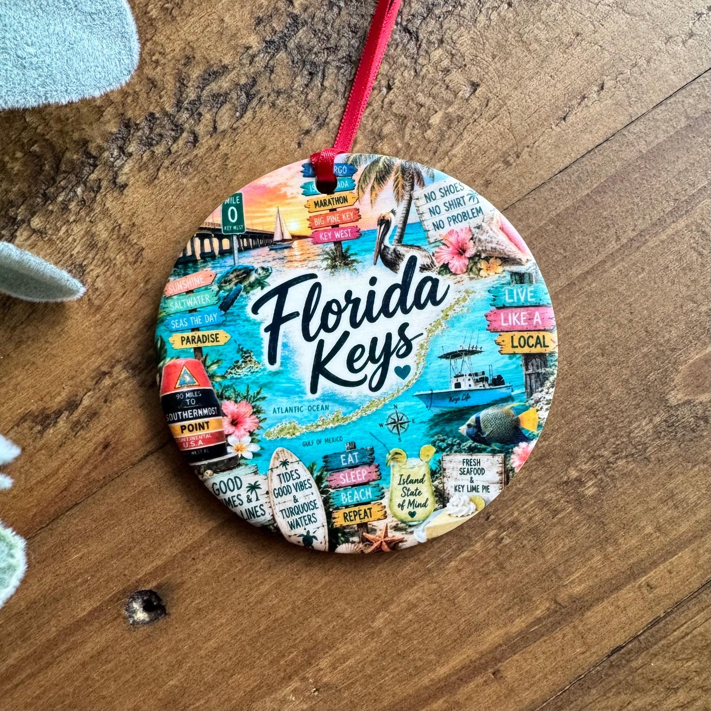 Florida Keys Ornament, Colorful Key West Landmarks Christmas Ornament, Tropical Florida Souvenir, Personalized Island Keepsake