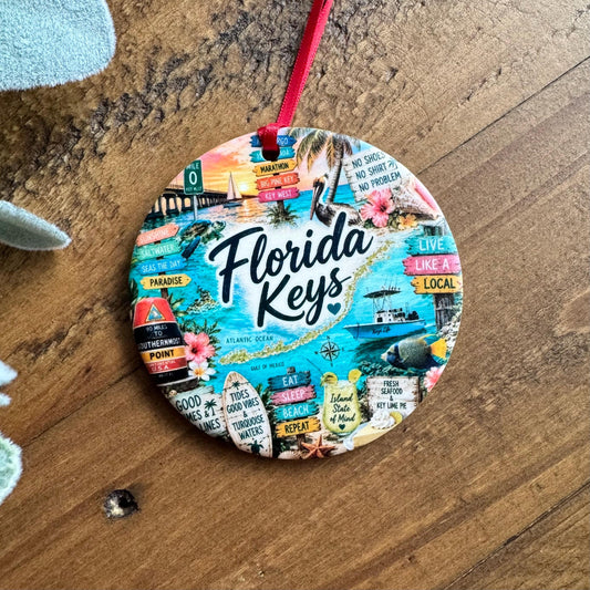 Florida Keys Ornament, Colorful Key West Landmarks Christmas Ornament, Tropical Florida Souvenir, Personalized Island Keepsake