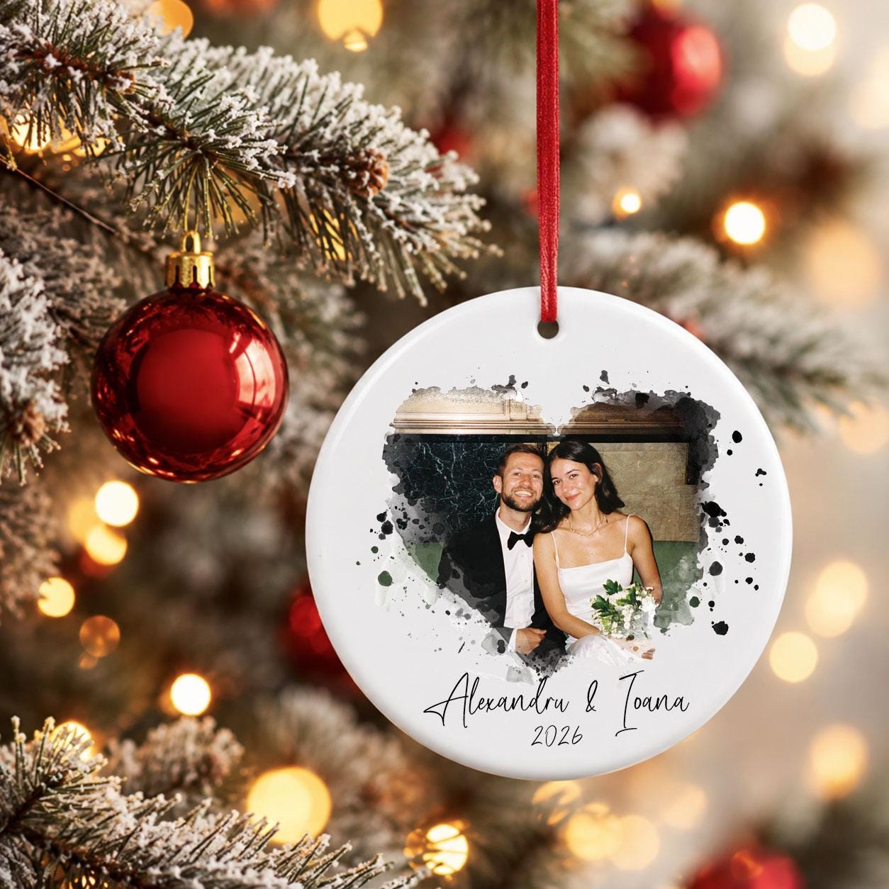 Personalized Newlywed Photo Ornament, Custom Ceramic First Married Christmas Keepsake, Wedding Couple Gift