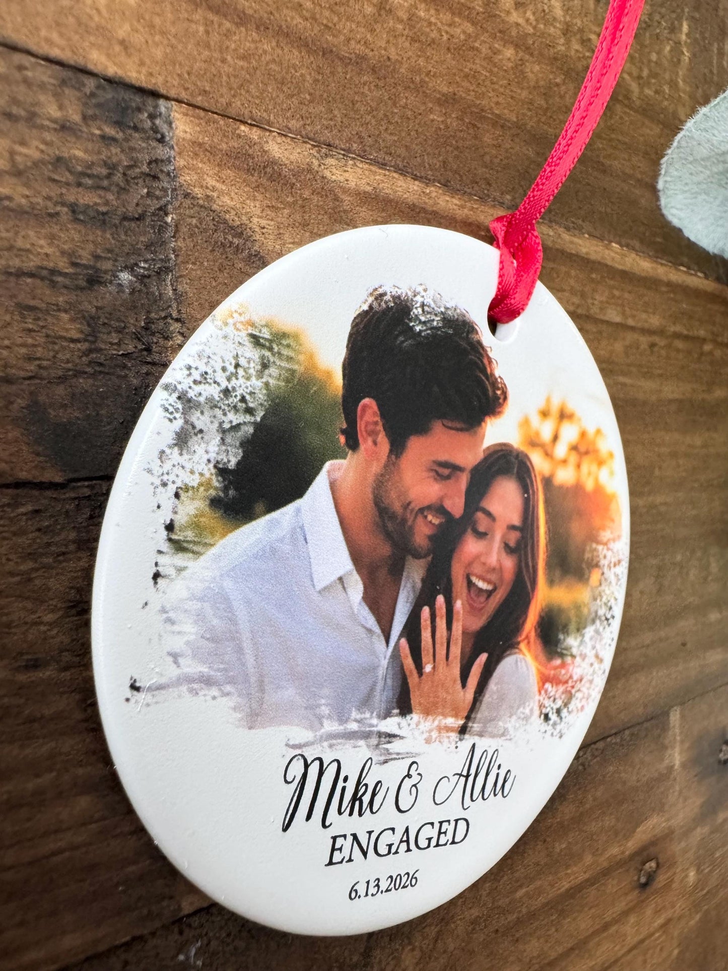Personalized Engagement Photo Ornament, Custom Watercolor Ceramic Engaged Couple Christmas Keepsake with Date