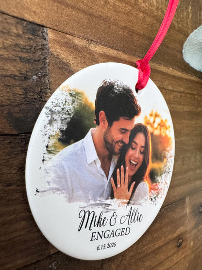 Personalized Engagement Photo Ornament, Custom Watercolor Ceramic Engaged Couple Christmas Keepsake with Date