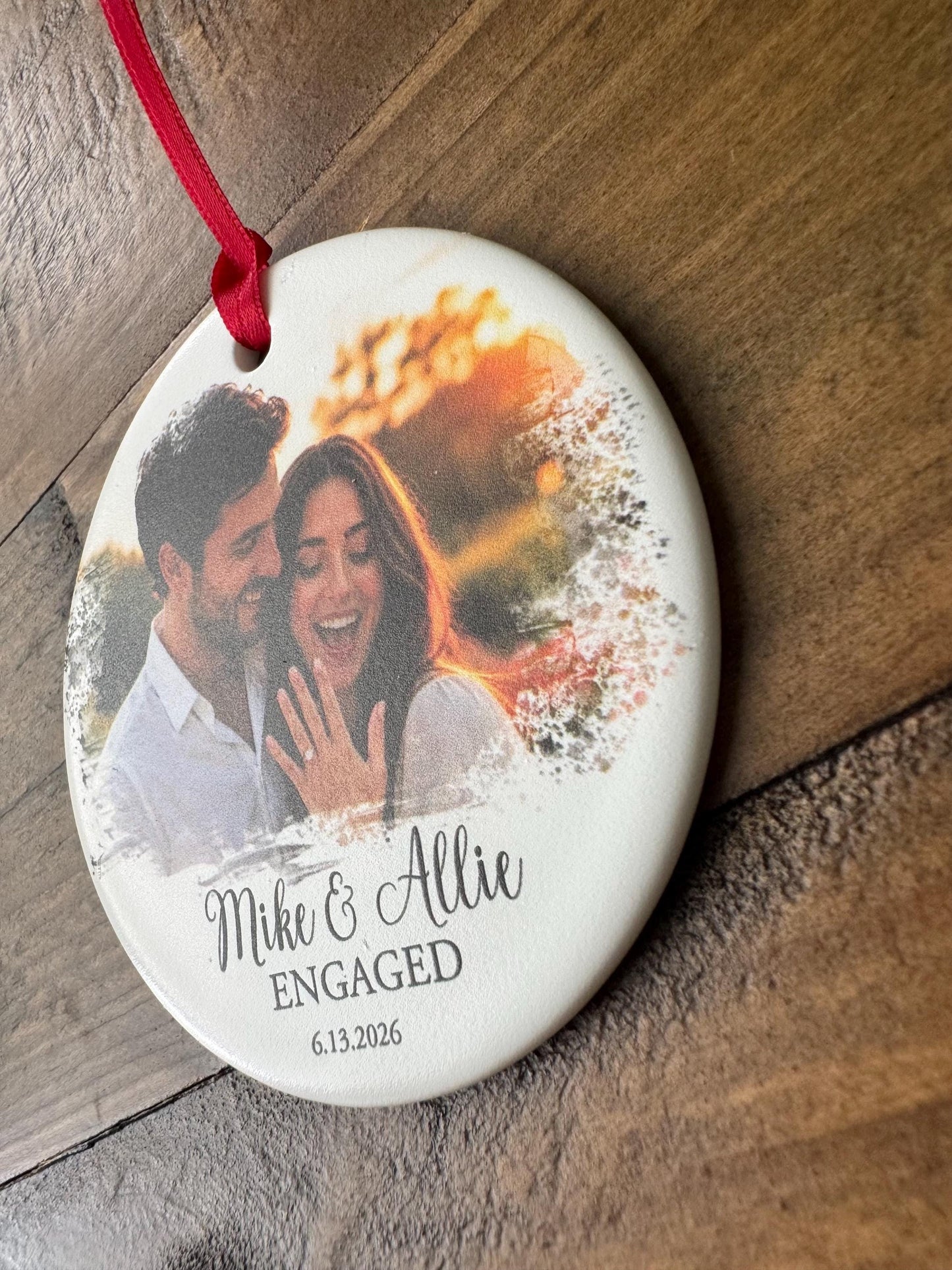 Personalized Engagement Photo Ornament, Custom Watercolor Ceramic Engaged Couple Christmas Keepsake with Date