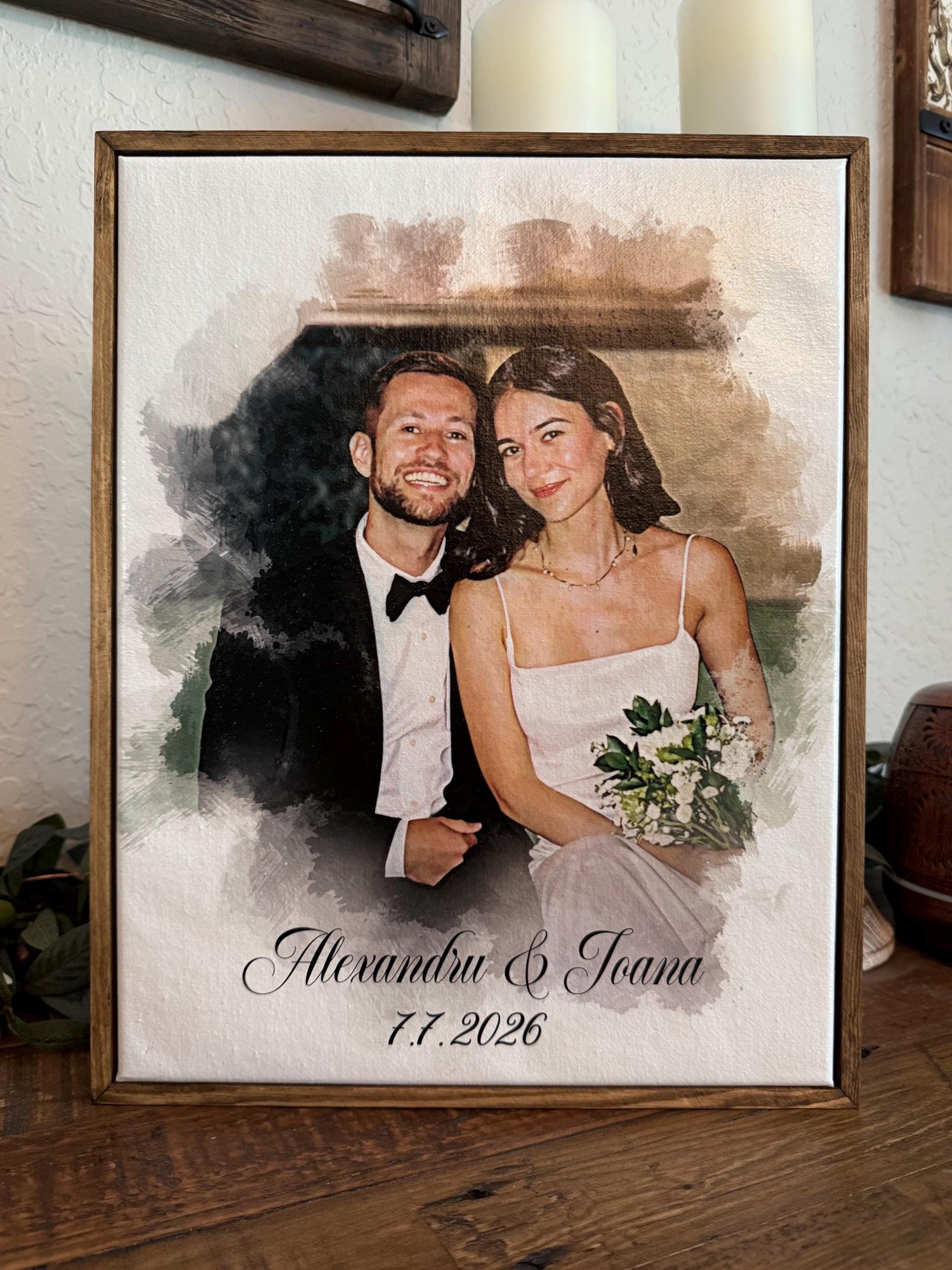 Personalized Watercolor Couple Portrait on Canvas with Wood Floater Frame, Custom Wedding Photo Art, Names and Date Keepsake