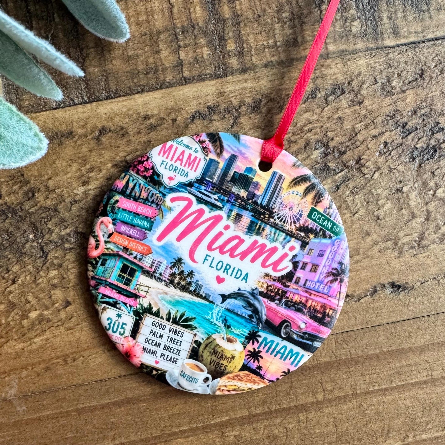 Miami Ornament, Florida Christmas Ornament, Colorful Miami Landmarks Souvenir, South Beach Travel Gift, Personalized City Keepsake