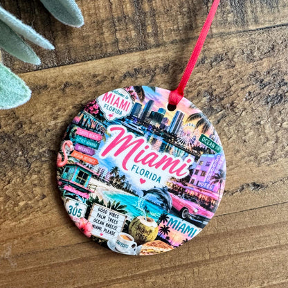 Miami Ornament, Florida Christmas Ornament, Colorful Miami Landmarks Souvenir, South Beach Travel Gift, Personalized City Keepsake