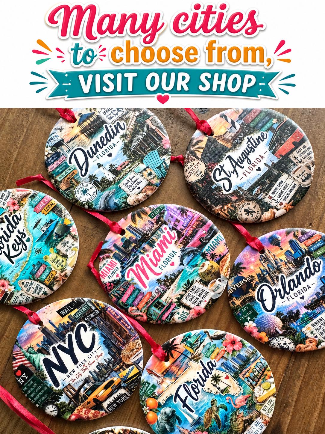 Florida Keys Ornament, Colorful Key West Landmarks Christmas Ornament, Tropical Florida Souvenir, Personalized Island Keepsake