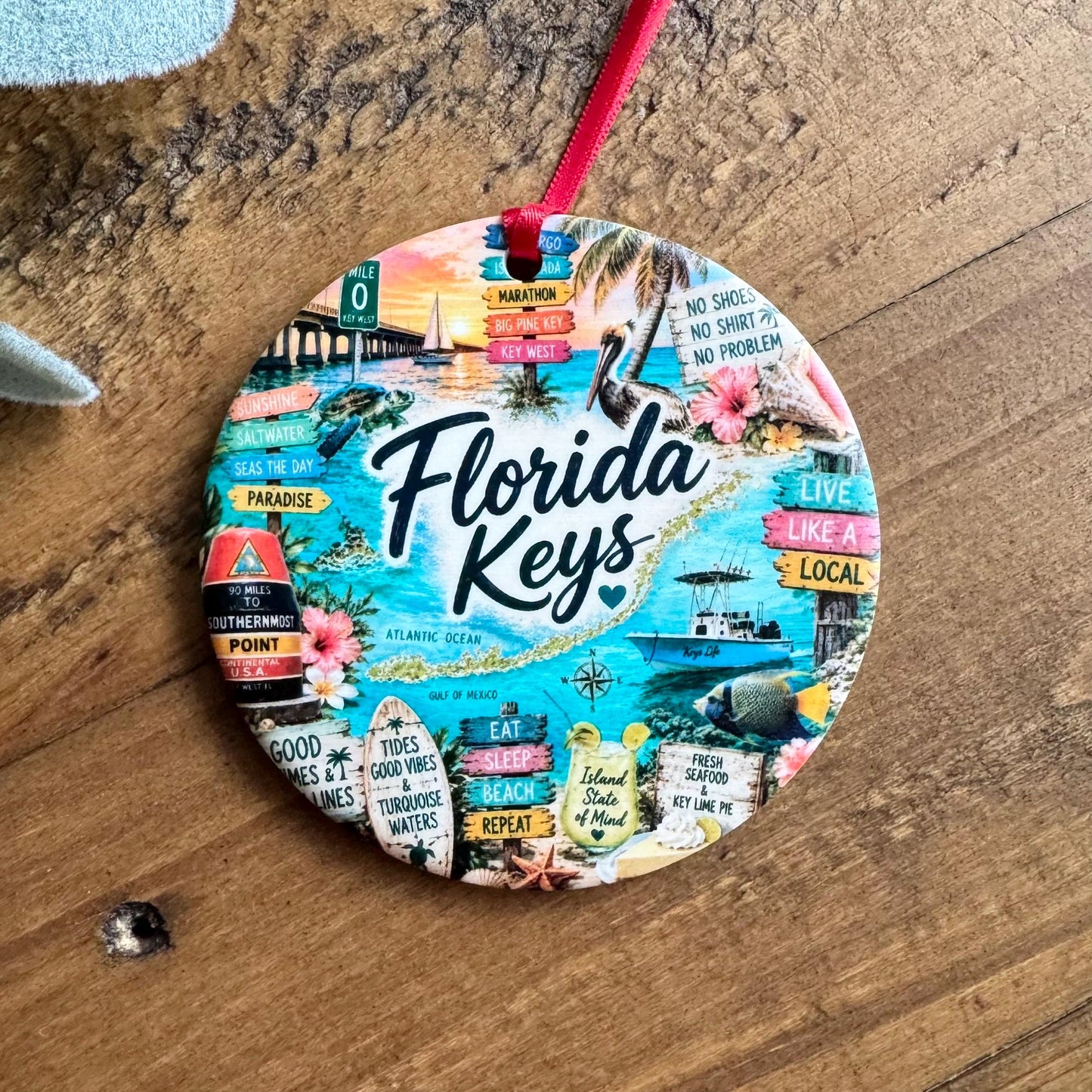 Florida Keys Ornament, Colorful Key West Landmarks Christmas Ornament, Tropical Florida Souvenir, Personalized Island Keepsake