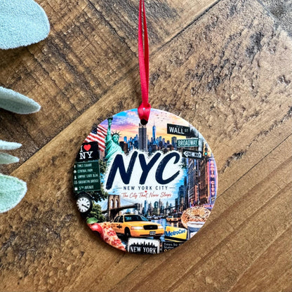 NYC Ornament, New York City Christmas Ornament, Colorful NYC Landmarks Souvenir, Personalized Travel Keepsake