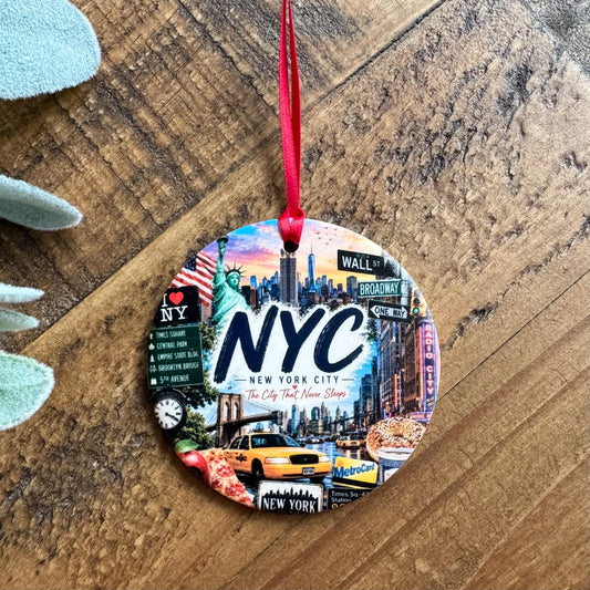 NYC Ornament, New York City Christmas Ornament, Colorful NYC Landmarks Souvenir, Personalized Travel Keepsake