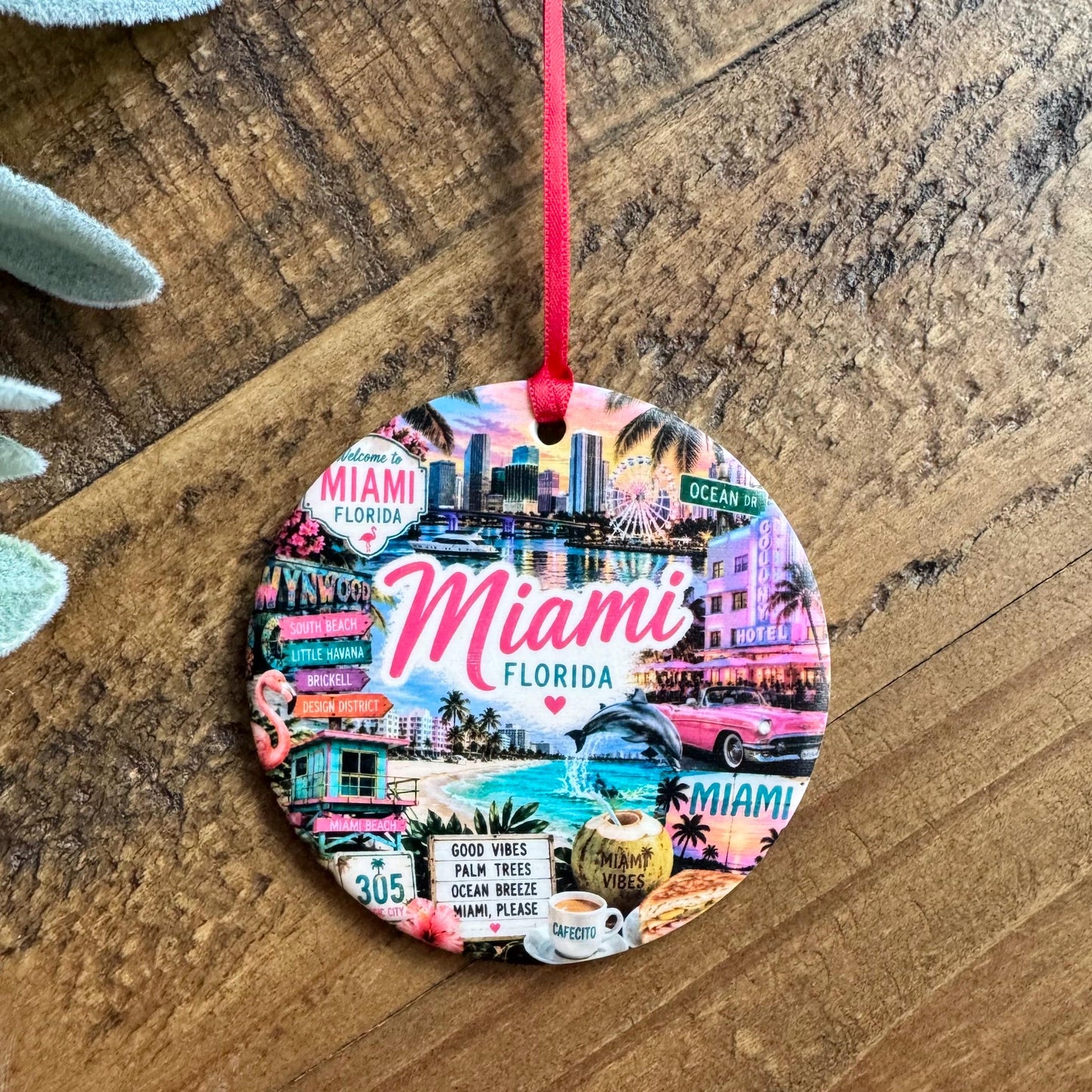 Miami Ornament, Florida Christmas Ornament, Colorful Miami Landmarks Souvenir, South Beach Travel Gift, Personalized City Keepsake