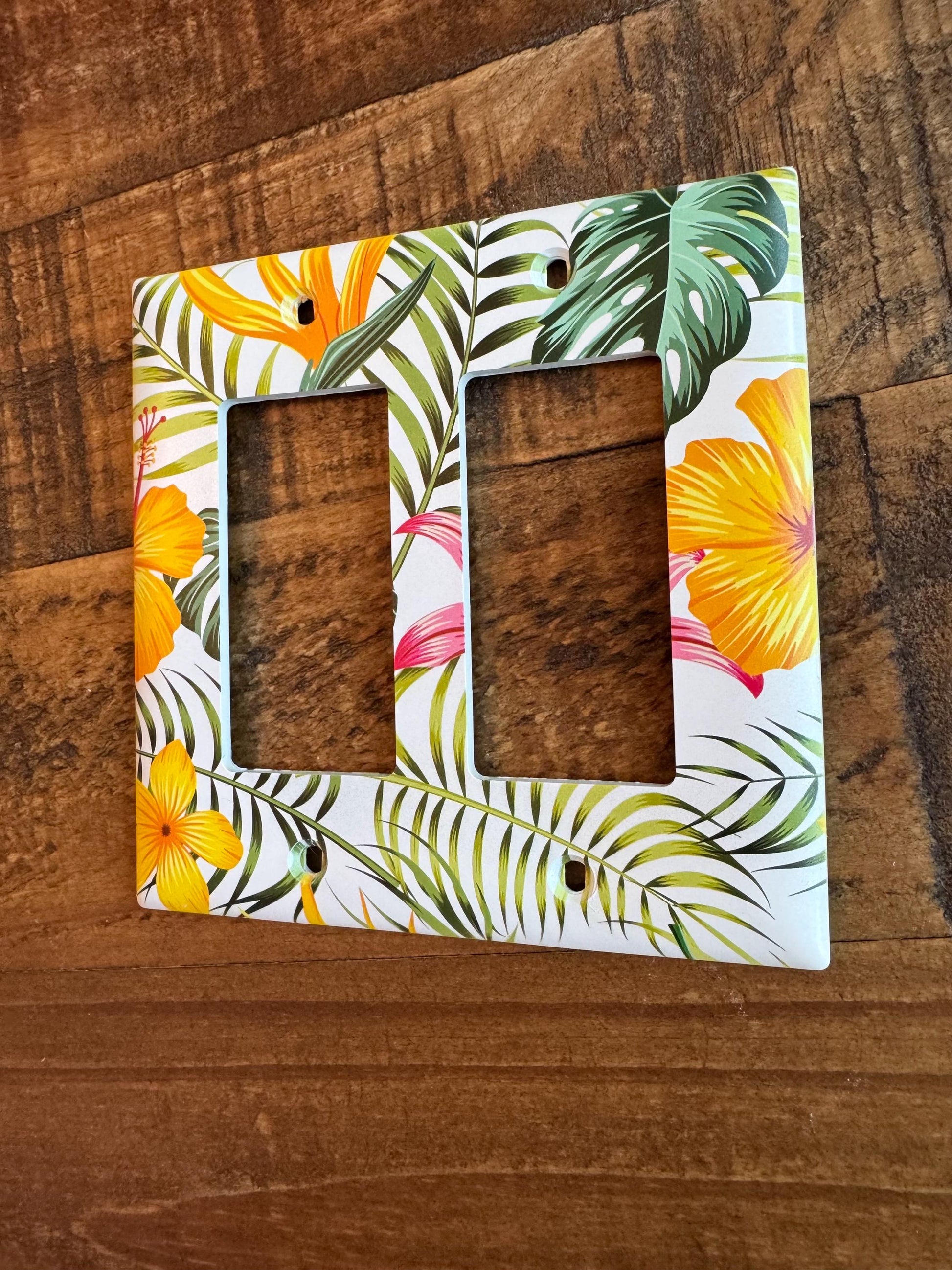 Tropical Light Switch Cover, Yellow Hibiscus Switch Plate, Bird of Paradise Wall Plate, Palm Beach Decor, Botanical Home Accent