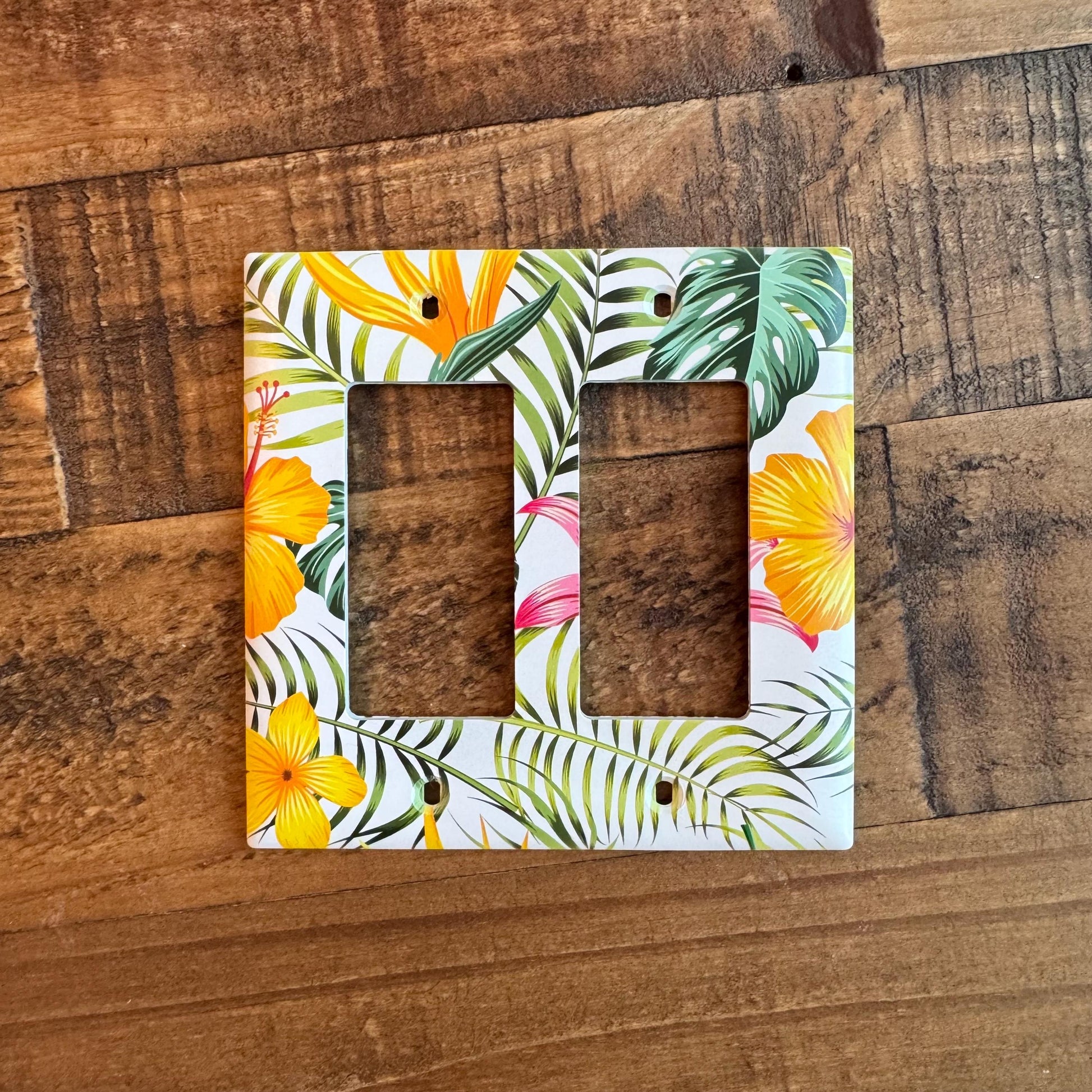 Tropical Light Switch Cover, Yellow Hibiscus Switch Plate, Bird of Paradise Wall Plate, Palm Beach Decor, Botanical Home Accent