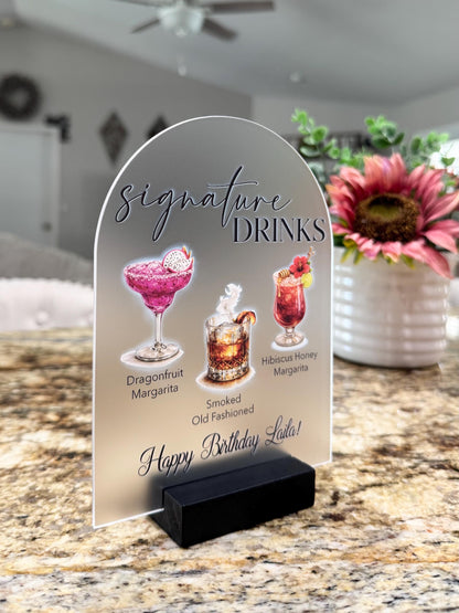 Personalized Signature Drinks Sign, Frosted Acrylic Wedding Bar Menu, Custom Signature Cocktail Sign, Arched Acrylic Reception Bar Menu