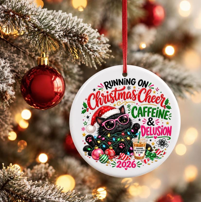 Funny Cat Christmas Ornament 2026, Caffeine & Delusion Ornament, Black Cat Holiday Decor, Coffee Lover Gift, Cat Lover Gift