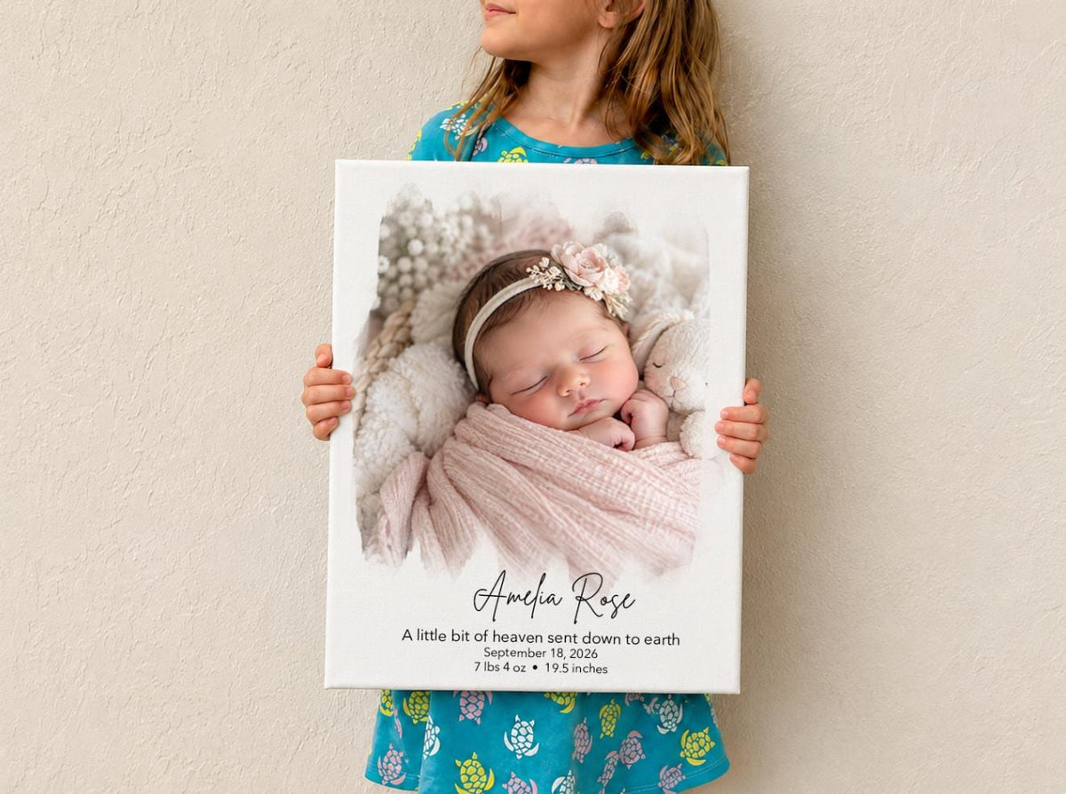 Personalized Baby Photo Canvas, Custom Newborn Portrait, Baby Birth Details Keepsake, Nursery Wall Art, New Baby Gift, Baby Shower Gift