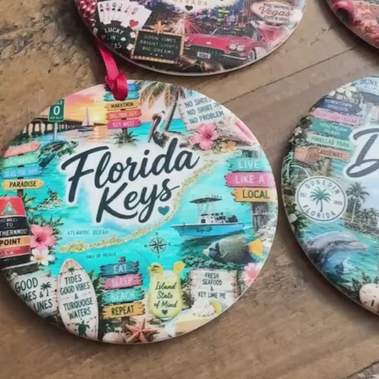 Florida Keys Ornament, Colorful Key West Landmarks Christmas Ornament, Tropical Florida Souvenir, Personalized Island Keepsake