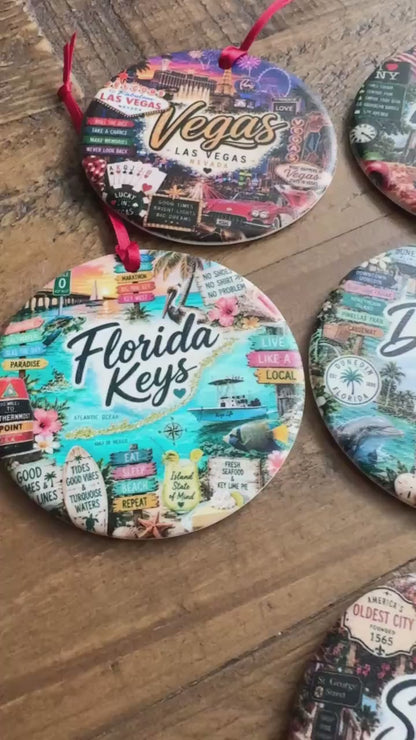 Florida Keys Ornament, Colorful Key West Landmarks Christmas Ornament, Tropical Florida Souvenir, Personalized Island Keepsake
